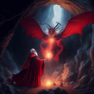 En una cueva un mago vestido con túnica roja sujeta una bola iluminada en la mano que atrae a un dragón rojo.