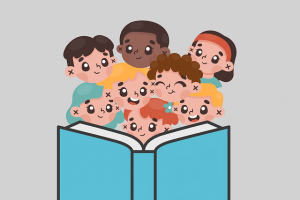 Las caras de niños y niñas alegres mientras contemplan un libro abierto