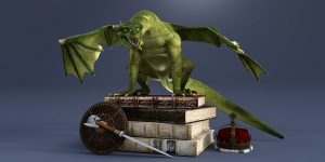Un dragón verde subido sobre una pila de libros.