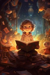 Un niño leyendo un libro rodeado de objetos mágicos.