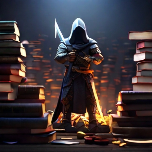 Un guerrero encapuchado monta guardia ante interminables pilas de libros
