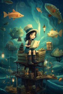 Una niña leyendo sobre una pila de libros en un paisaje de fantasía.