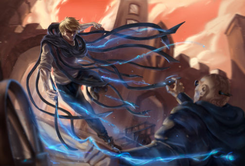 Kelsier luchando contra un inquisidor.