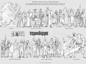 Dibujo en blanco y negro de las diferentes razas y criaturas de Scadrial.