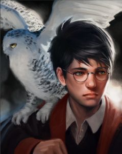 Harry Potter con su lechuza Hedwig. Ilustración.