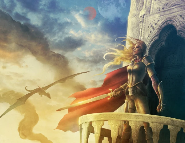 Laurana asomada al balcón de su torre con siluetas de dragón al fondo.