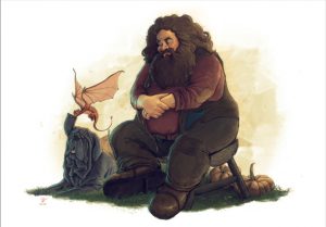 Hagrid con su perro y una cría de dragón