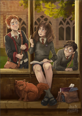 Harry, Hermione y Ron en Hogwarts