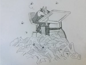 Art desesperado con cadáveres a sus pies