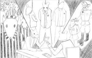 Art y Vladek hablando. De fondo se ven atrocidades en los campos de concentración.