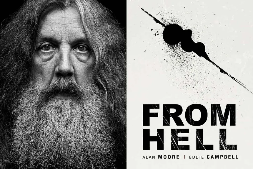 Foto de Alan Moore y portada del libro From Hell