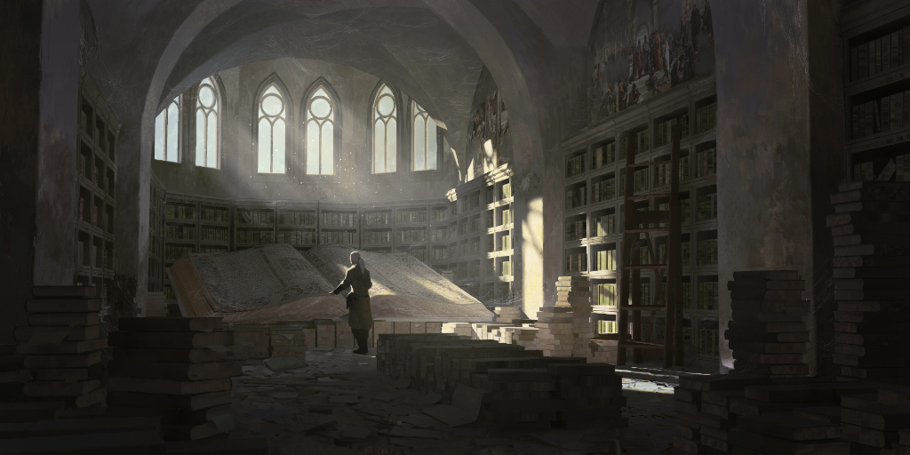 Biblioteca antigua y libro gigante