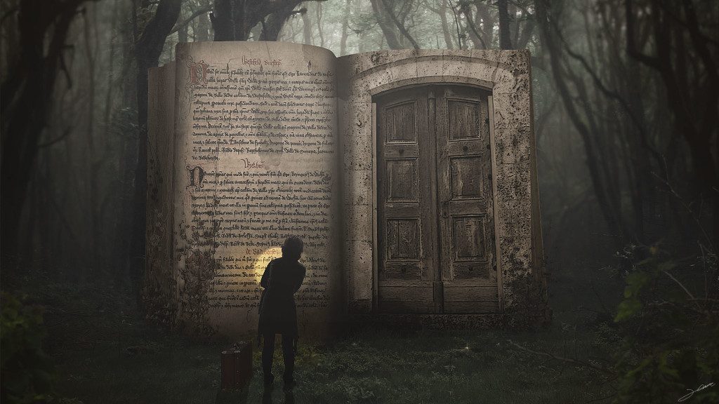Un libro enorme en medio del bosque con una puerta entre sus páginas. Una silueta humana avanza hacia la puerta.