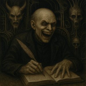Escritor de horror. Rostro demoníaco escribiendo en un libro. Otros demonios se ven a su espalda.