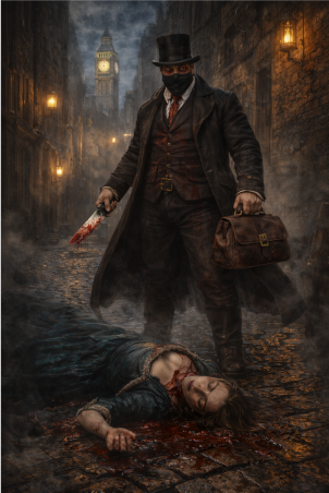Jack the ripper con un cuchillo en la mano y una víctima en el suelo